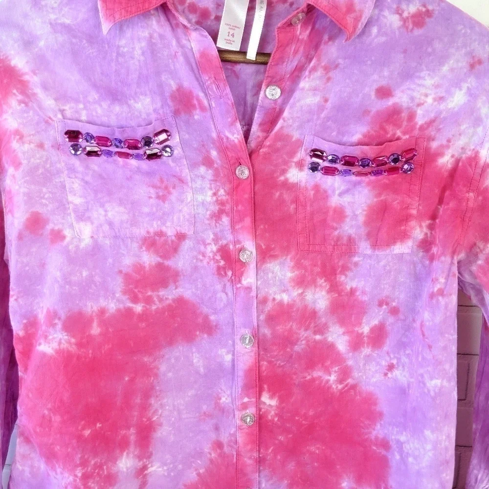 Justice Tie Dye Pink Purple Button-up Shirt Girls‎ 14